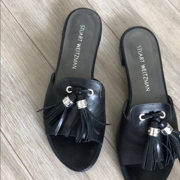 Stuart Weitzman black leather tassel slides - Picture 2 of 3